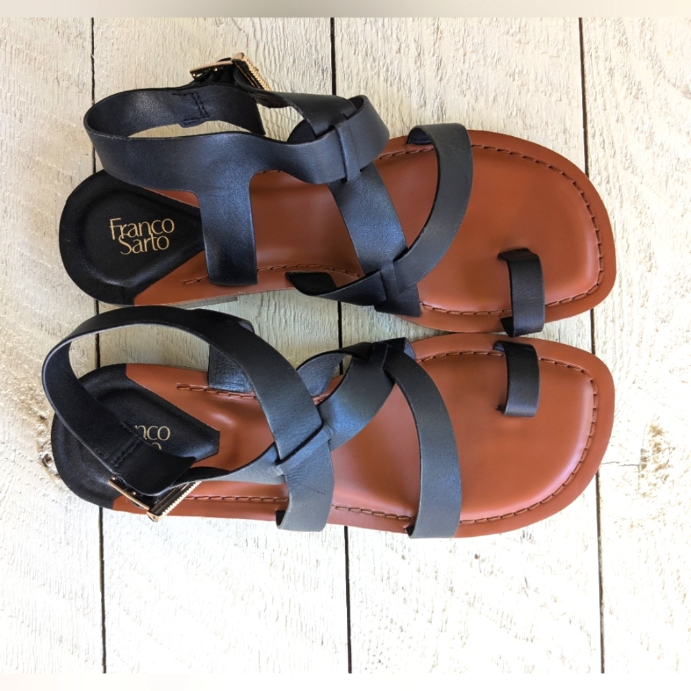 Franco Sarto Ina Black Strappy Leather Sandals with Brown Footbed 8.5